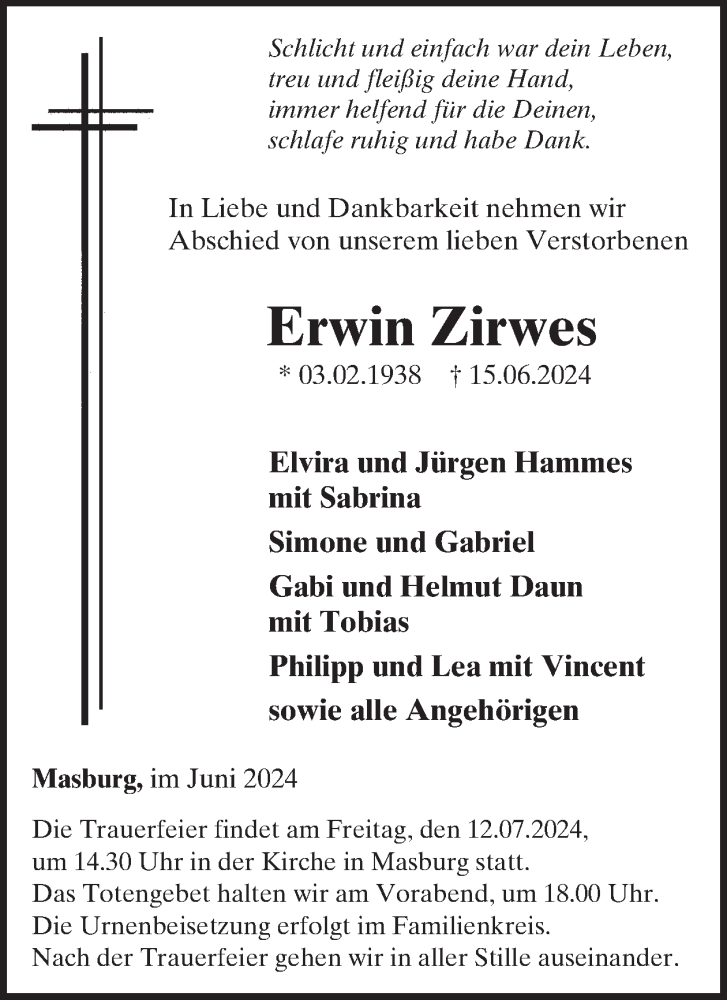  Traueranzeige für Erwin Zirwes vom 03.07.2024 aus WochenSpiegel
