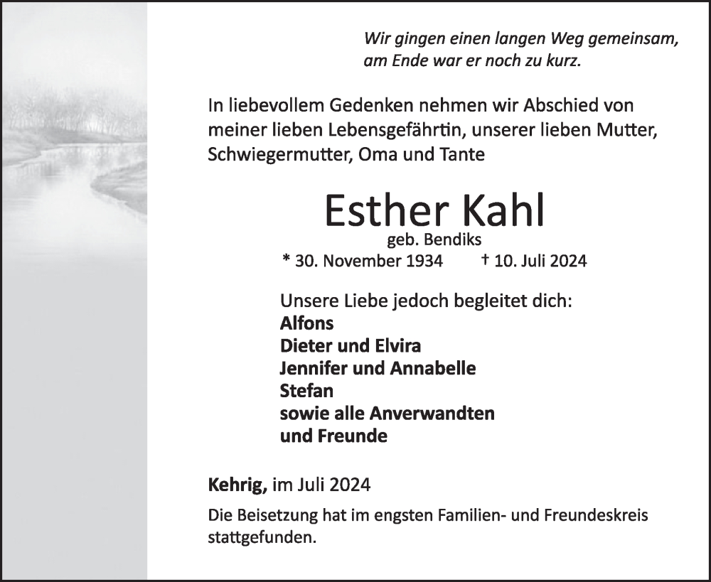  Traueranzeige für Esther Kahl vom 24.07.2024 aus WochenSpiegel