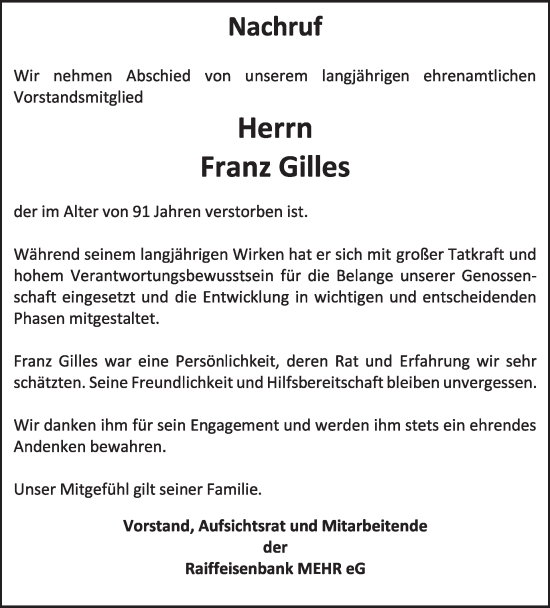 Traueranzeige von Franz Gilles von WochenSpiegel