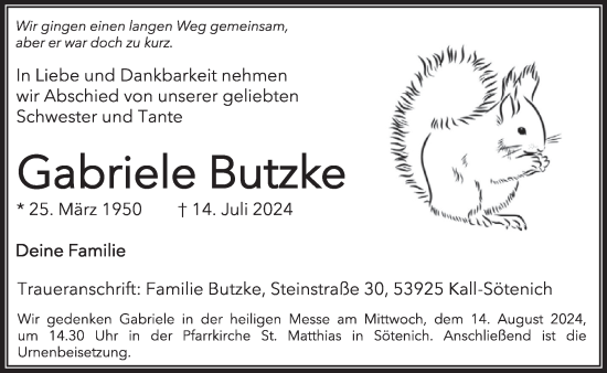 Traueranzeige von Gabriele Butzke von WochenSpiegel