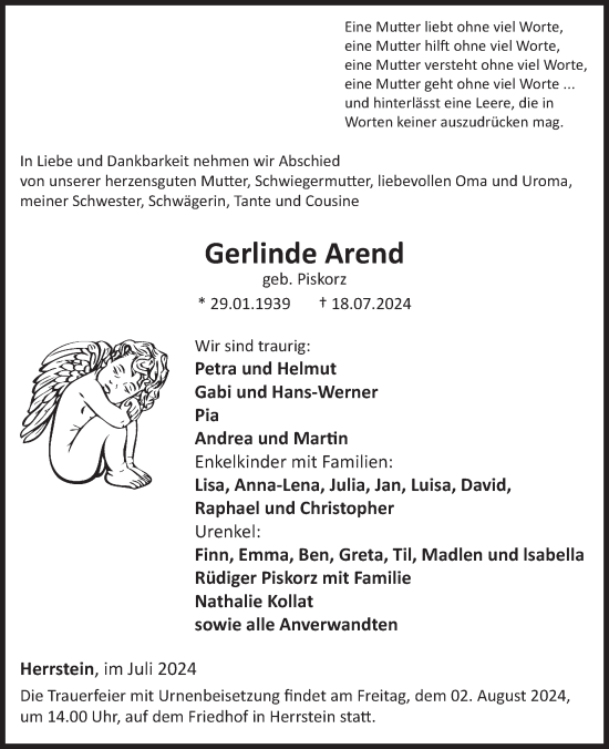 Traueranzeige von Gerlinde Arend von WochenSpiegel