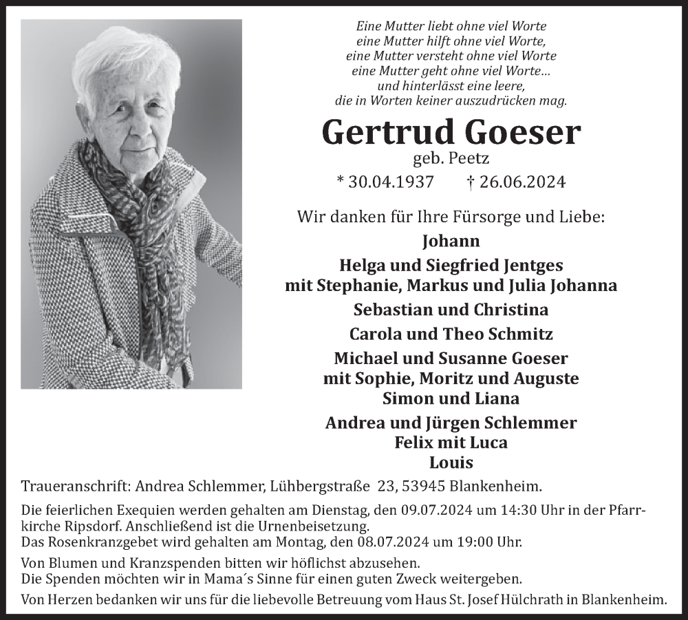  Traueranzeige für Gertrud Goeser vom 03.07.2024 aus WochenSpiegel