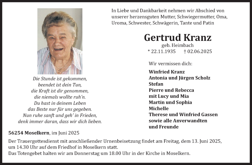  Traueranzeige für Gertrud Kranz vom 11.06.2025 aus WochenSpiegel