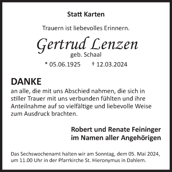 Traueranzeige von Gertrud Lenzen von WochenSpiegel