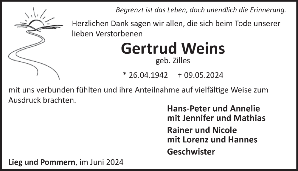  Traueranzeige für Gertrud Weins vom 19.06.2024 aus WochenSpiegel