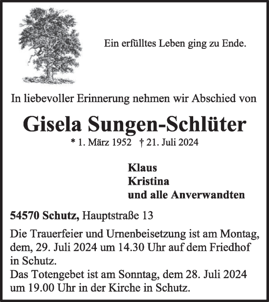 Traueranzeige von Gisela Sungen-Schlüter von WochenSpiegel