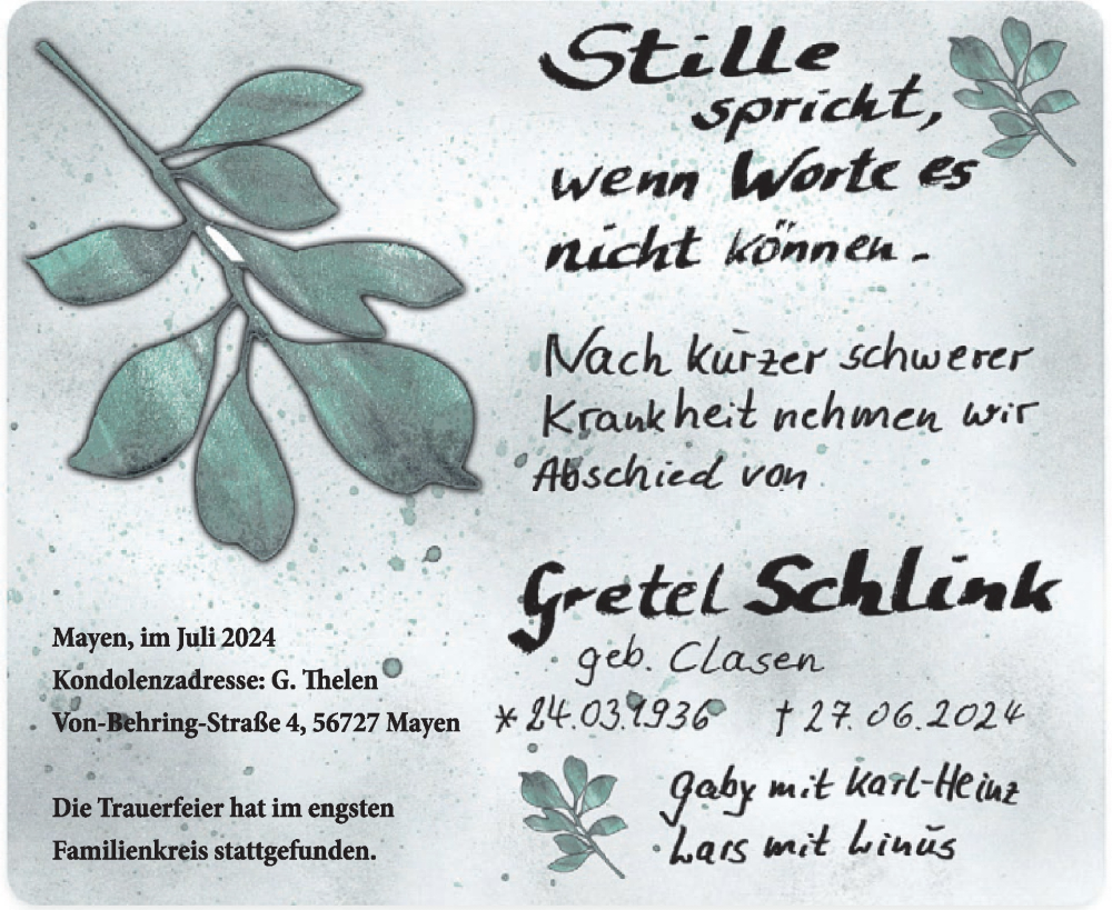  Traueranzeige für Gretel Schlink vom 10.07.2024 aus WochenSpiegel