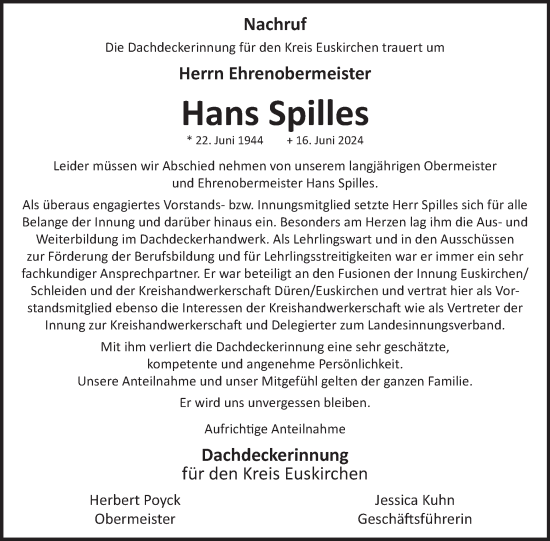 Traueranzeige von Hans Spilles von WochenSpiegel
