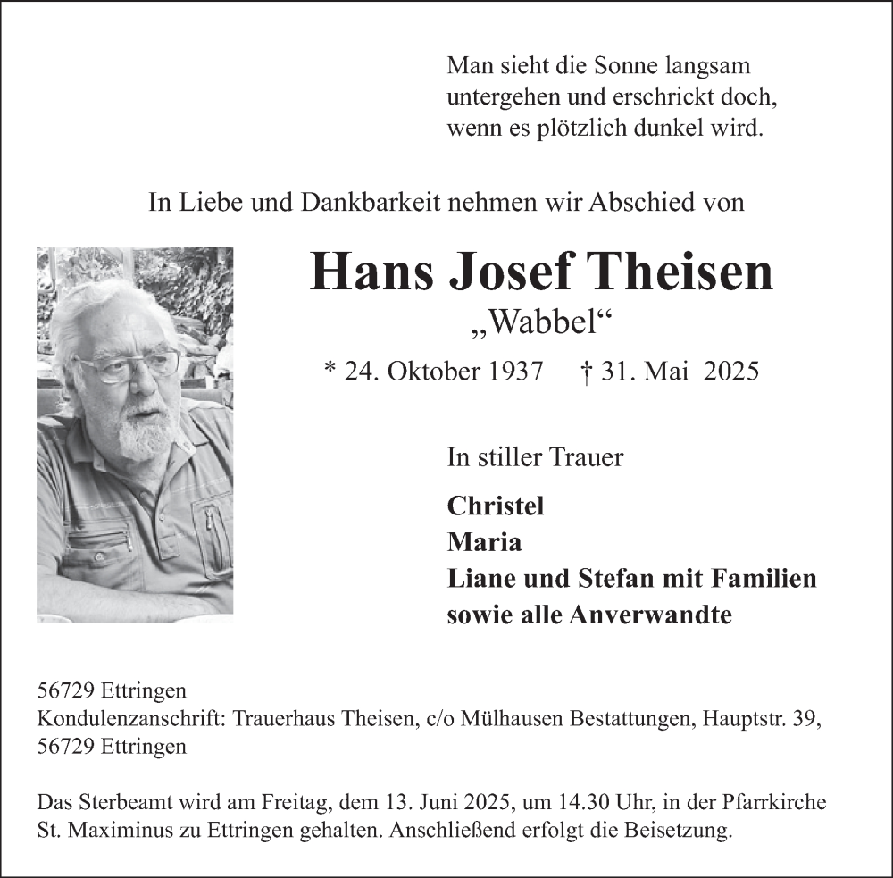  Traueranzeige für Hans Josef Theisen vom 11.06.2025 aus WochenSpiegel