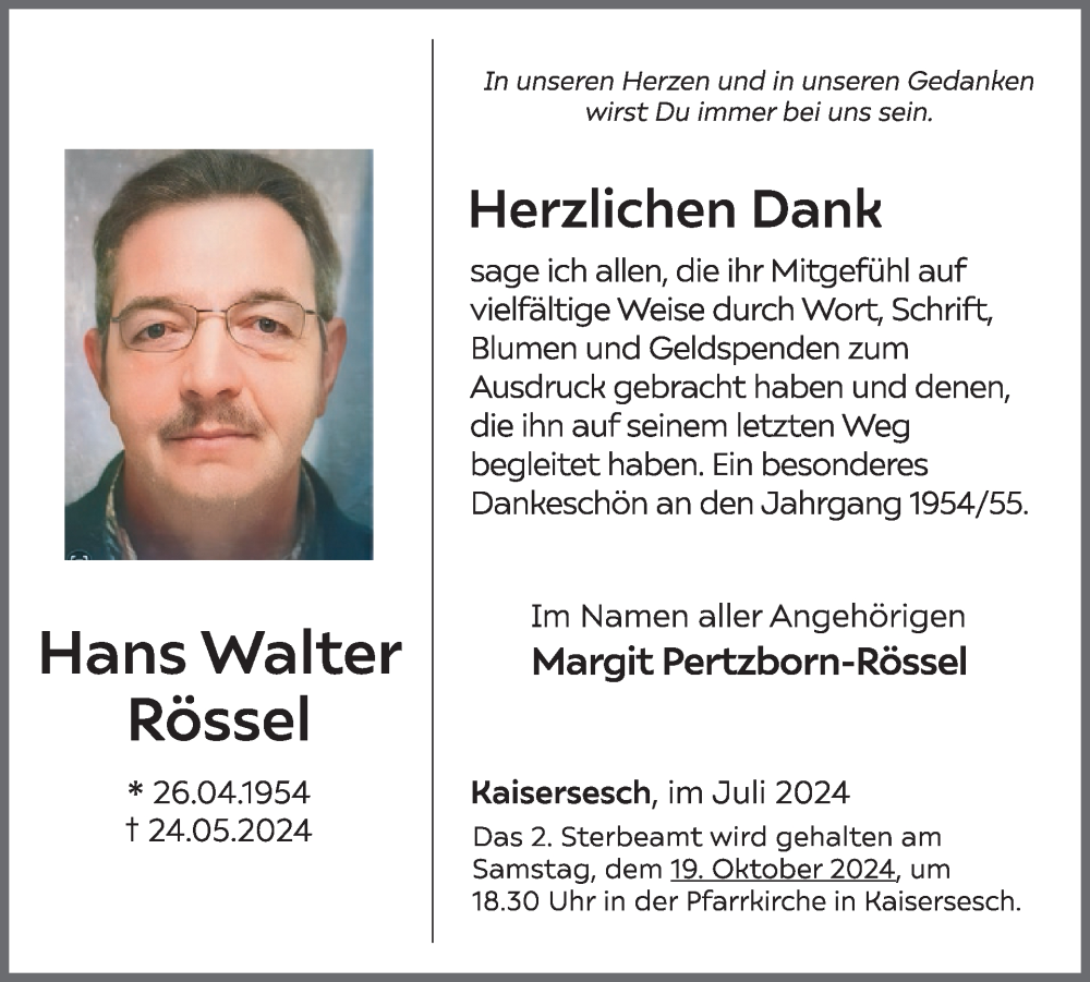  Traueranzeige für Hans Walter Rössel vom 03.07.2024 aus WochenSpiegel