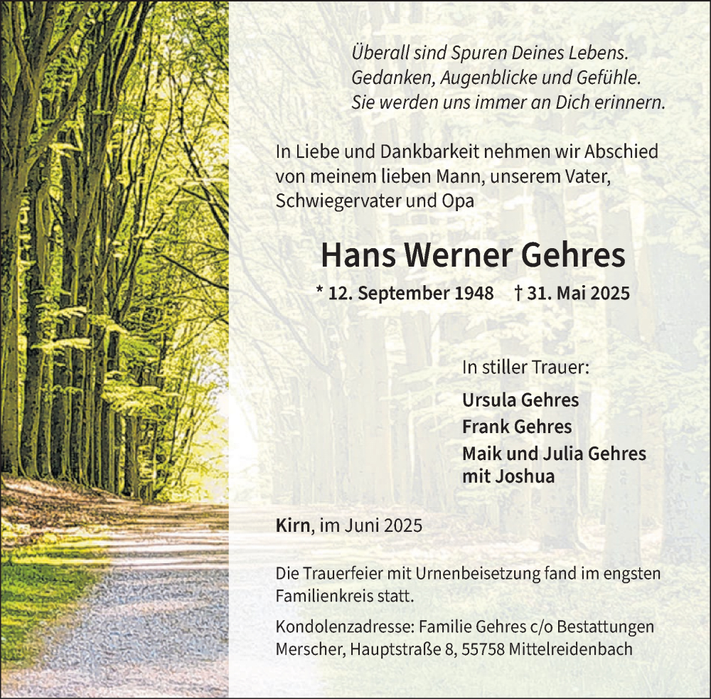  Traueranzeige für Hans Werner Gehres vom 14.06.2025 aus WochenSpiegel