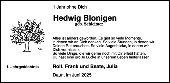 Traueranzeige von Hedwig Blonigen von WochenSpiegel