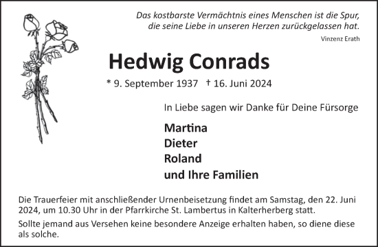 Traueranzeige von Hedwig Conrads von WochenSpiegel