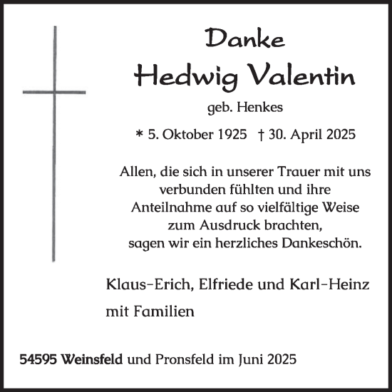 Traueranzeige von Hedwig Valentin von WochenSpiegel