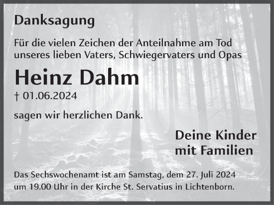Traueranzeige von Heinz Dahm von WochenSpiegel