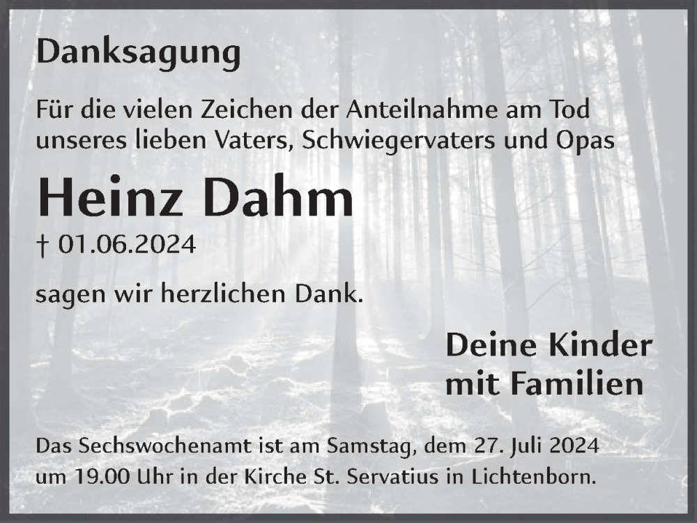  Traueranzeige für Heinz Dahm vom 19.07.2024 aus WochenSpiegel