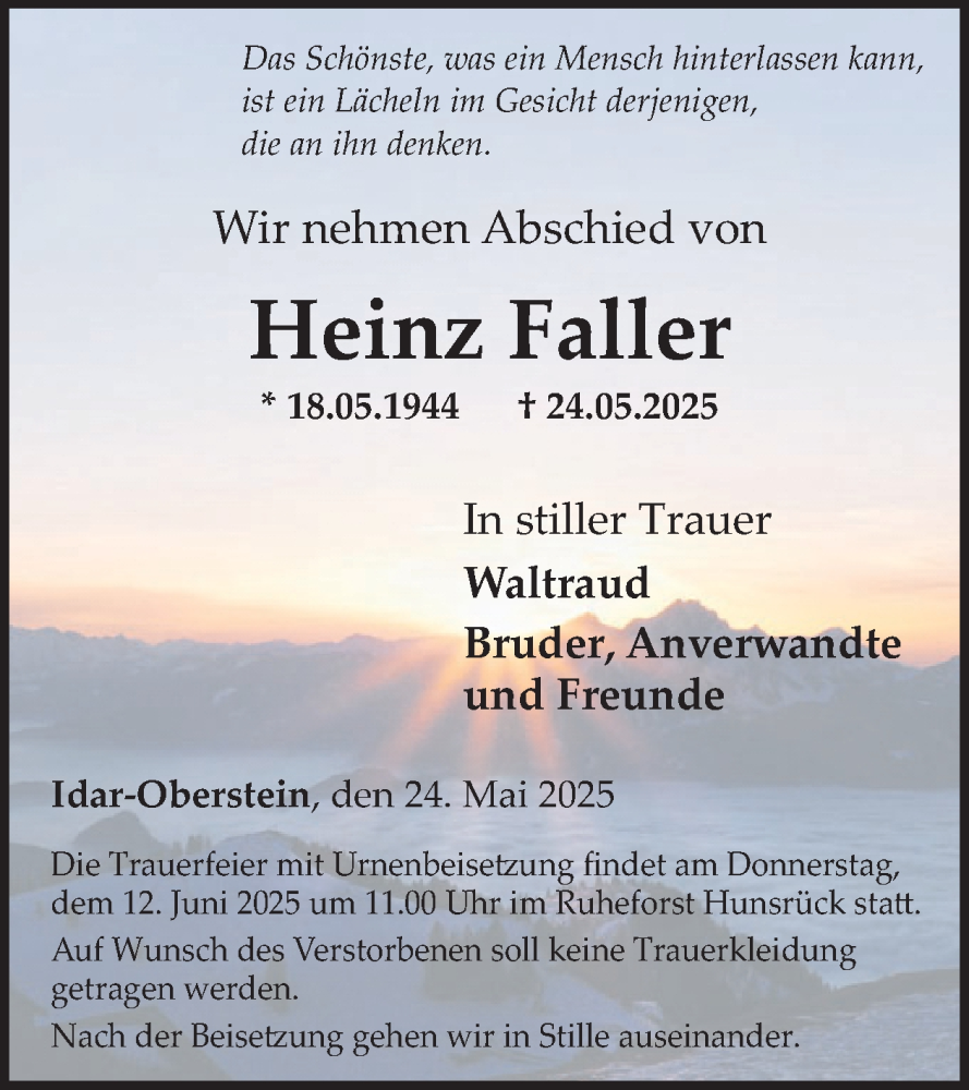  Traueranzeige für Heinz Faller vom 07.06.2025 aus WochenSpiegel