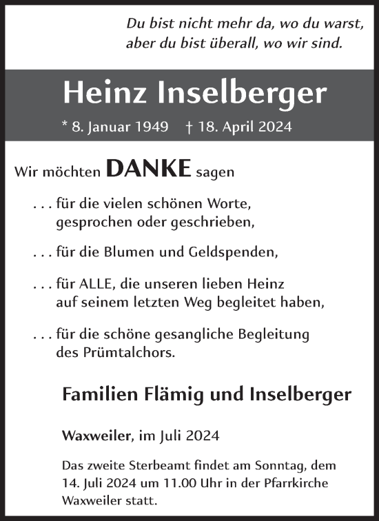 Traueranzeige von Heinz Inselberger von WochenSpiegel