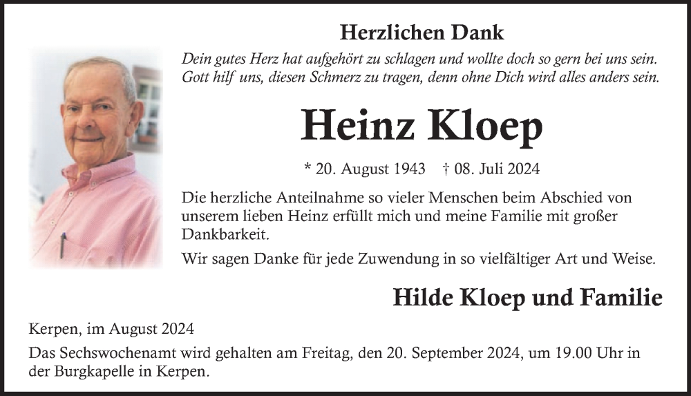  Traueranzeige für Heinz Kloep vom 03.08.2024 aus WochenSpiegel