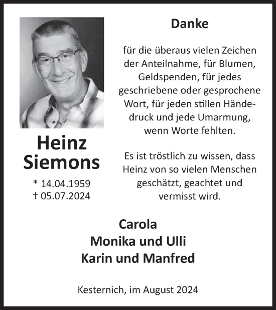 Traueranzeige von Heinz Siemons von WochenSpiegel