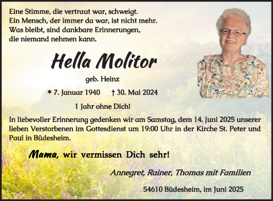 Traueranzeige von Hella Molitor von WochenSpiegel