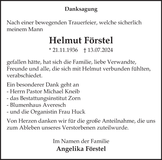 Traueranzeige von Helmut Förstel von WochenSpiegel