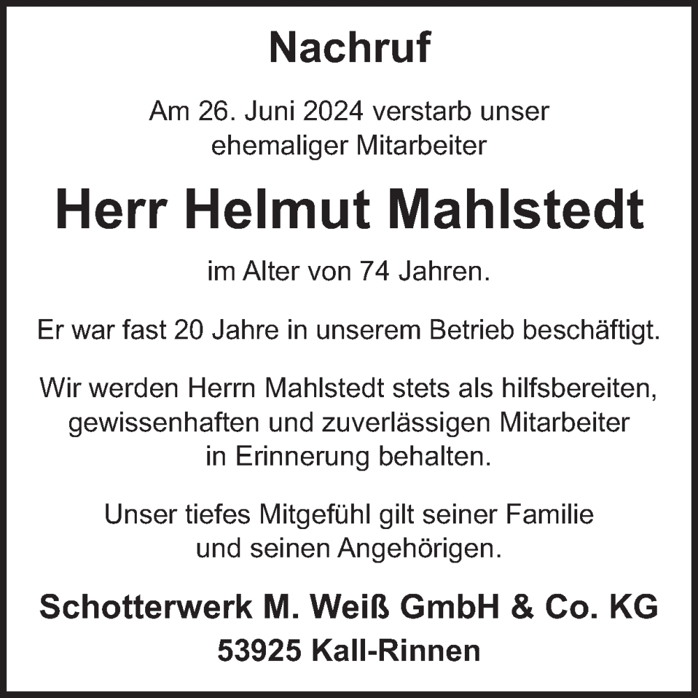  Traueranzeige für Helmut Mahlstedt vom 17.07.2024 aus WochenSpiegel