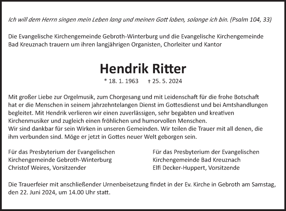  Traueranzeige für Hendrik Ritter vom 15.06.2024 aus WochenSpiegel