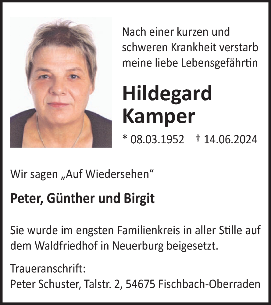  Traueranzeige für Hildegard Kamper vom 19.07.2024 aus WochenSpiegel