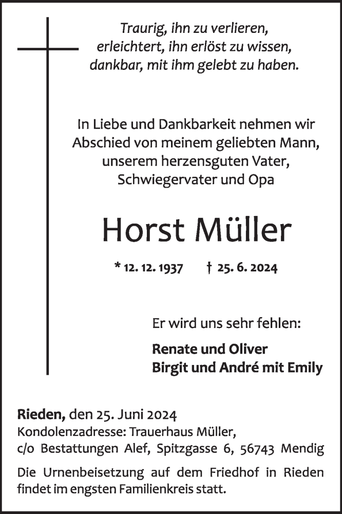  Traueranzeige für Horst Müller vom 03.07.2024 aus WochenSpiegel