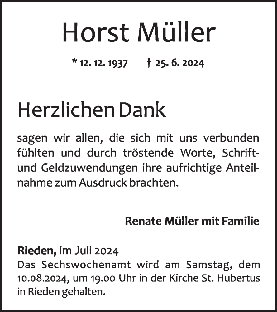  Traueranzeige für Horst Müller vom 24.07.2024 aus WochenSpiegel