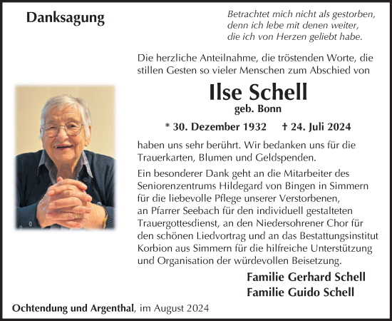 Traueranzeige von Ilse Schell von WochenSpiegel