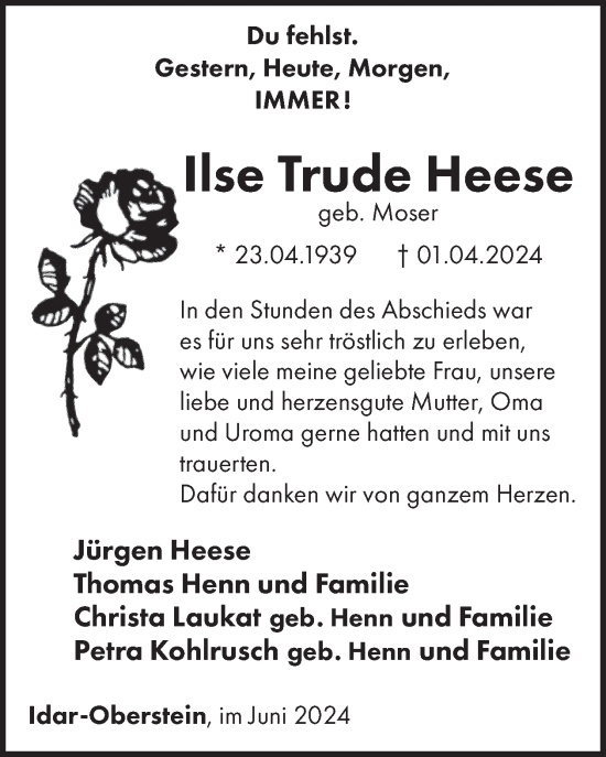 Traueranzeige von Ilse Trude Heese von WochenSpiegel