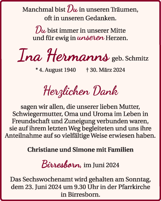 Traueranzeige von Ina Hermanns von WochenSpiegel