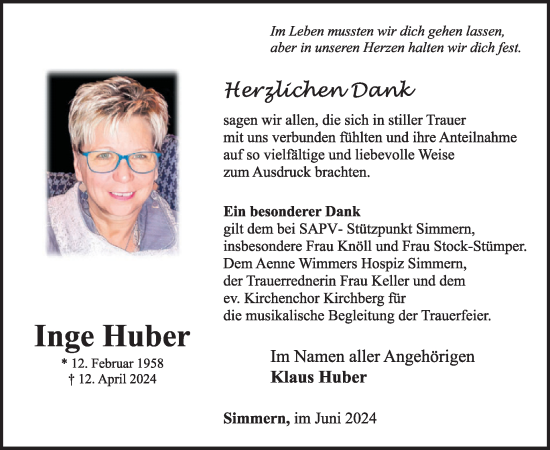 Traueranzeige von Inge Huber von WochenSpiegel
