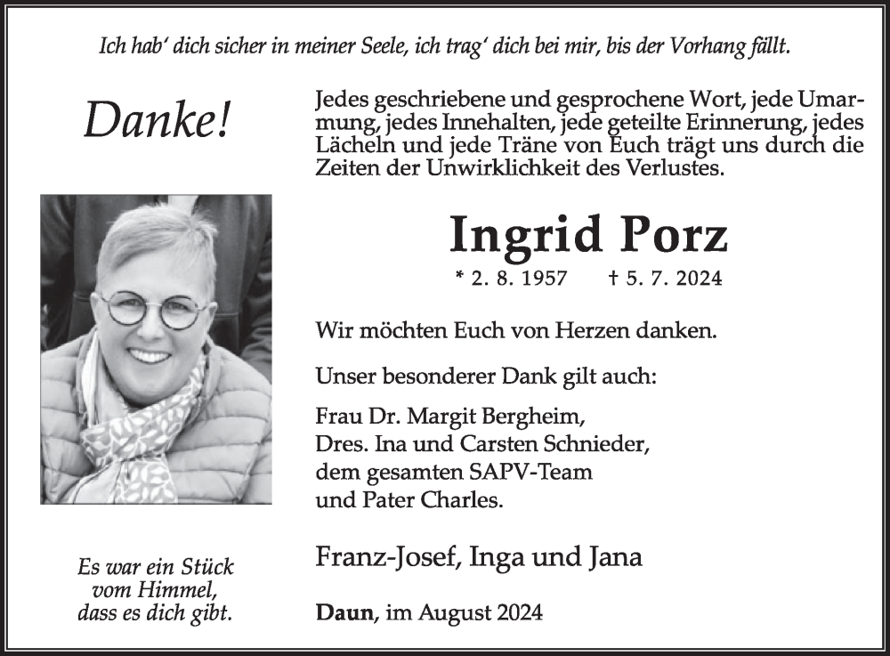 Traueranzeige für Ingrid Porz vom 17.08.2024 aus WochenSpiegel