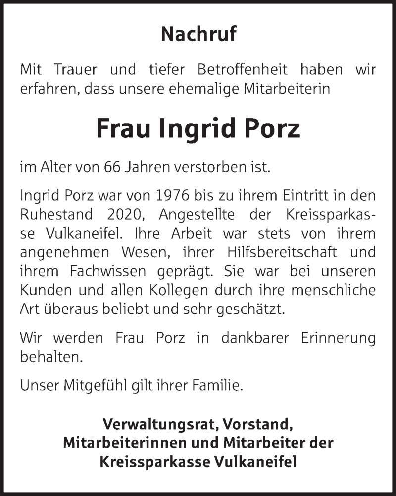  Traueranzeige für Ingrid Porz vom 13.07.2024 aus WochenSpiegel