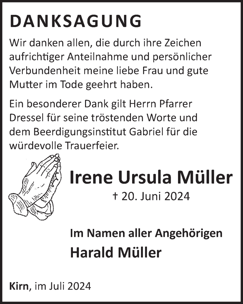  Traueranzeige für Irene Ursula Müller vom 27.07.2024 aus WochenSpiegel