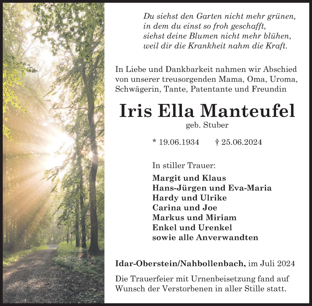  Traueranzeige für Iris Ella Manteufel vom 20.07.2024 aus WochenSpiegel