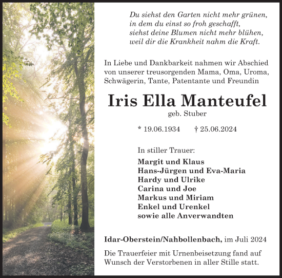 Traueranzeige von Iris Ella Manteufel von WochenSpiegel