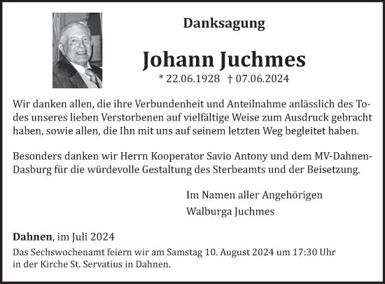 Traueranzeige von Johann Juchmes von WochenSpiegel