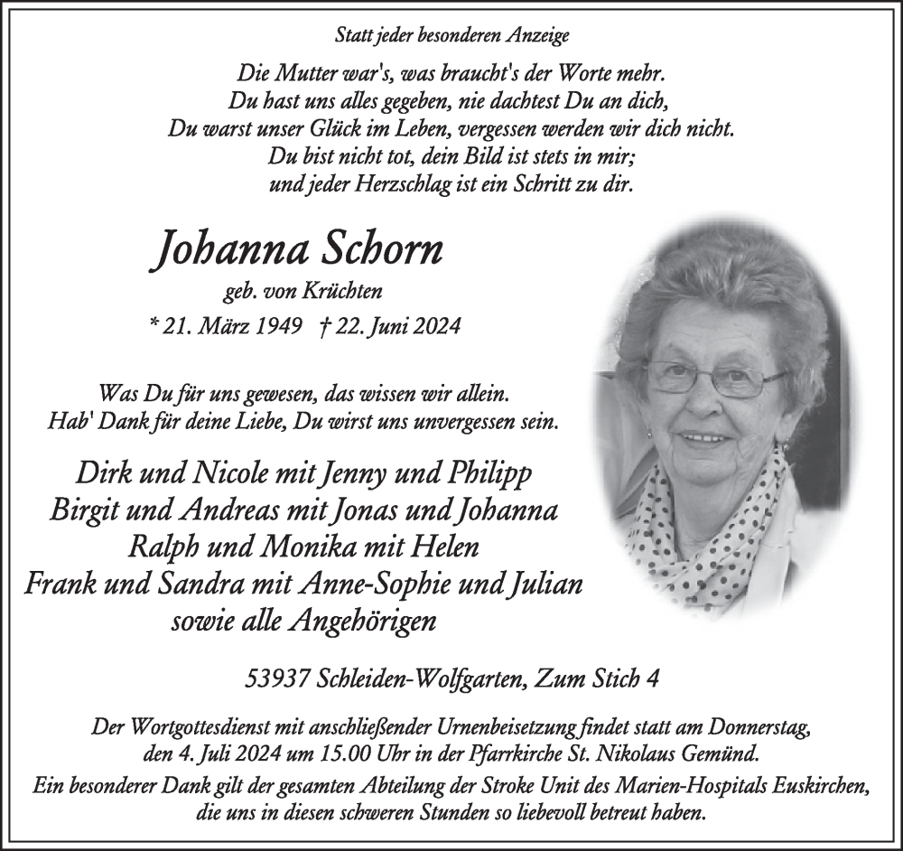  Traueranzeige für Johanna Schorn vom 26.06.2024 aus WochenSpiegel
