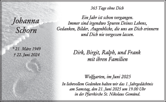 Traueranzeige von Johanna Schorn von WochenSpiegel