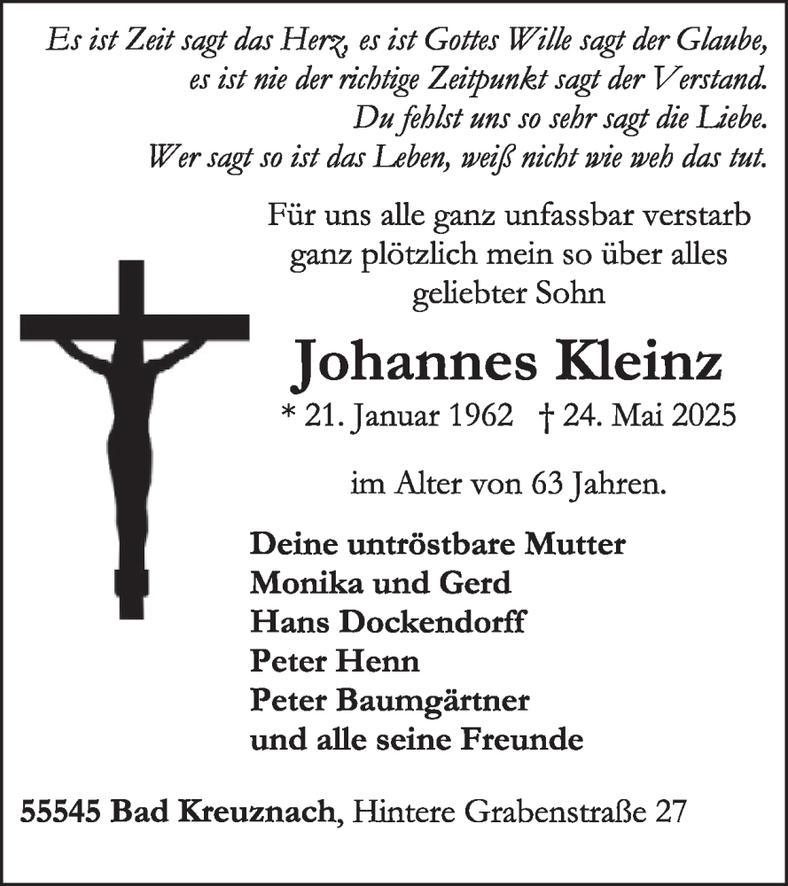  Traueranzeige für Johannes Kleinz vom 07.06.2025 aus WochenSpiegel