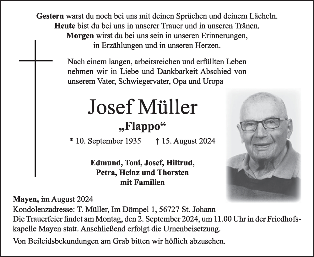  Traueranzeige für Josef Müller vom 28.08.2024 aus WochenSpiegel