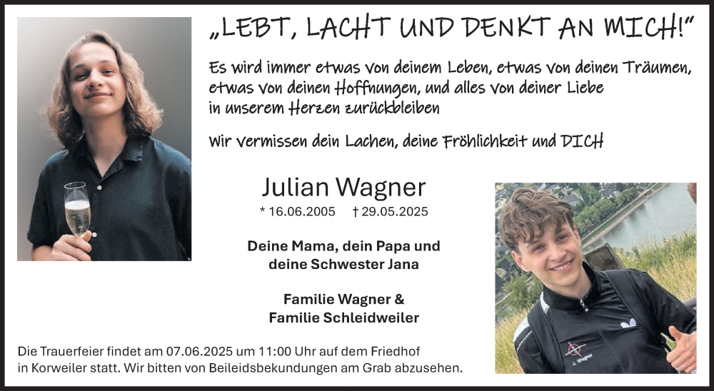  Traueranzeige für Julian Wagner vom 07.06.2025 aus WochenSpiegel