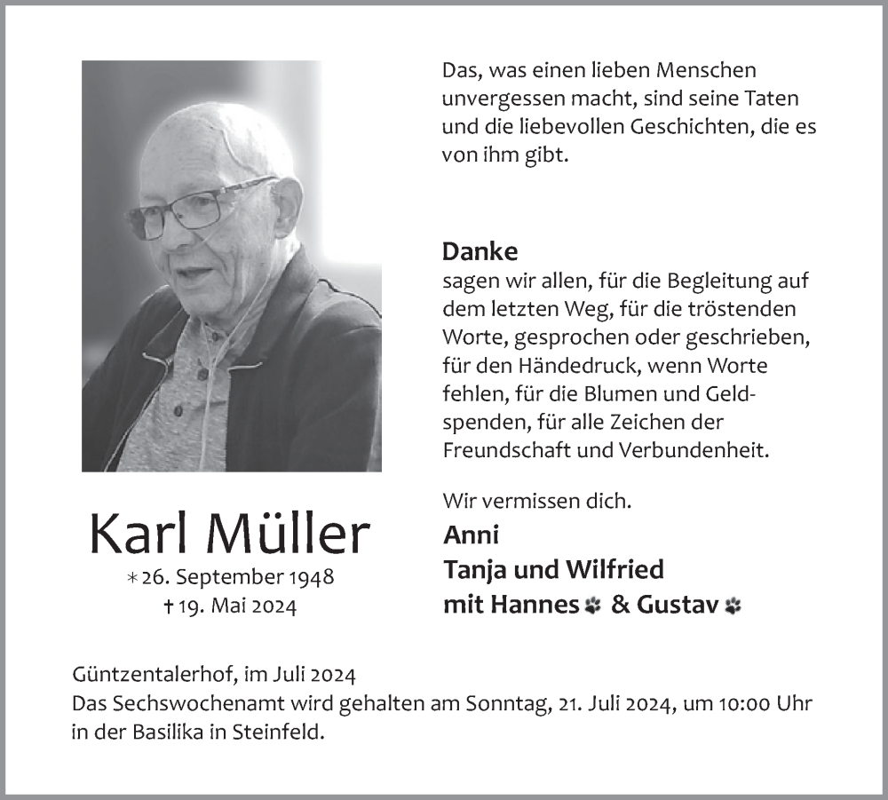  Traueranzeige für Karl Müller vom 10.07.2024 aus WochenSpiegel