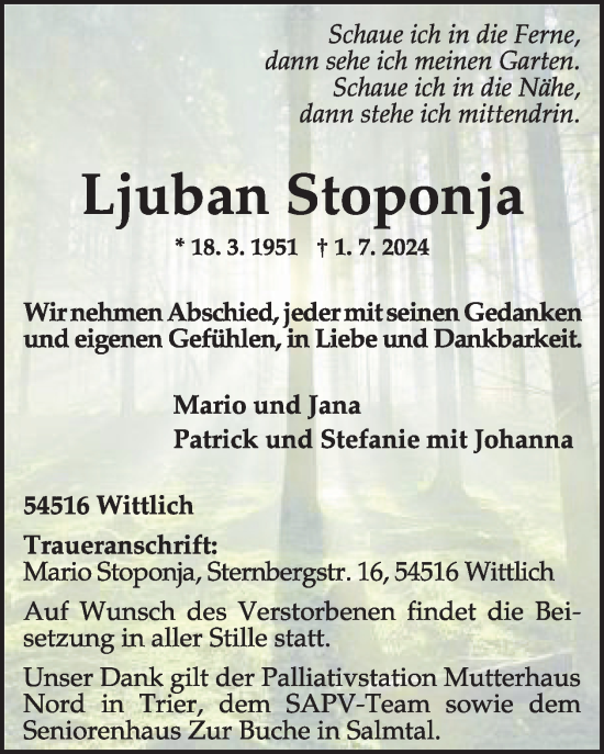 Traueranzeige von Ljuban Stoponja von WochenSpiegel