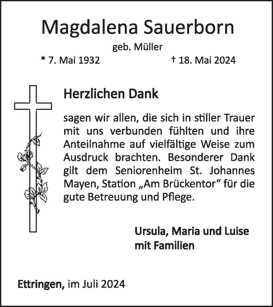  Traueranzeige für Magdalena Sauerborn vom 03.07.2024 aus WochenSpiegel