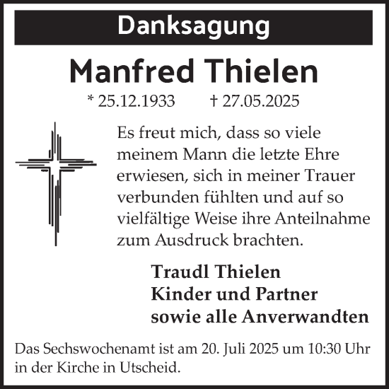 Traueranzeige von Manfred Thielen von WochenSpiegel